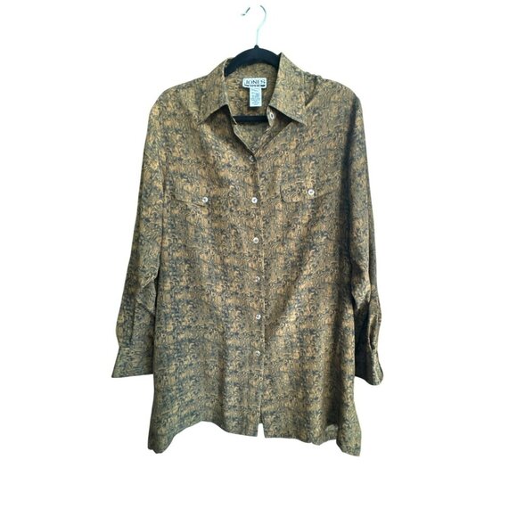 Jones Studio Womens 100% Silk Button-Up Blouse Large Abstract VINTAGE Brown - Picture 1 of 4
